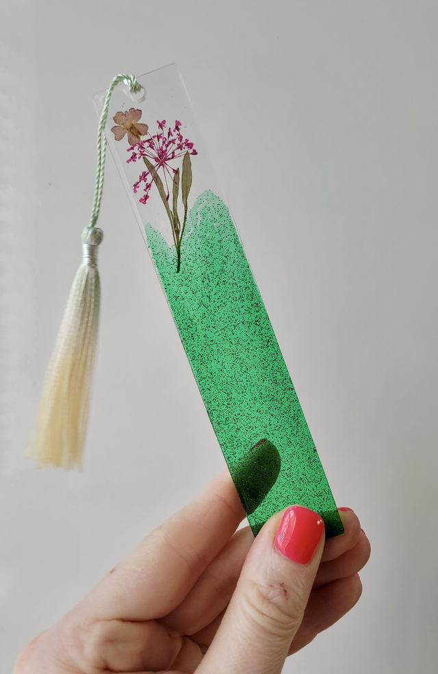 Green Glitter Floral Bookmark - Dried Flowers