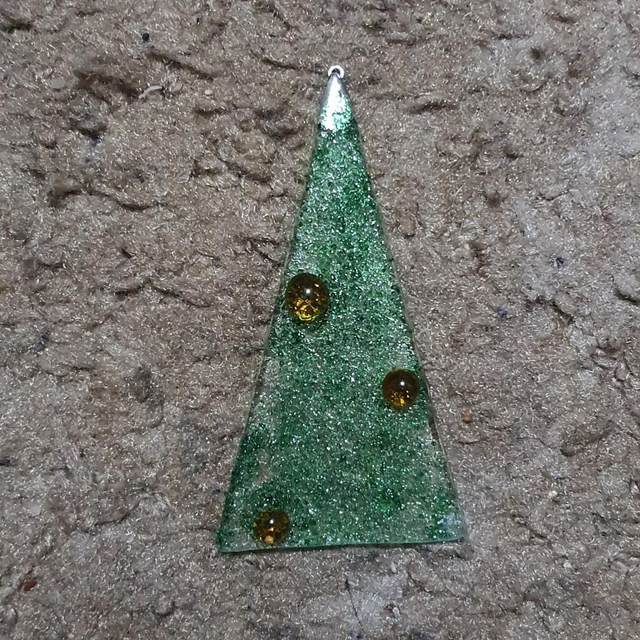 Glass Christmas tree hanging decoration - green tree yellow baubles