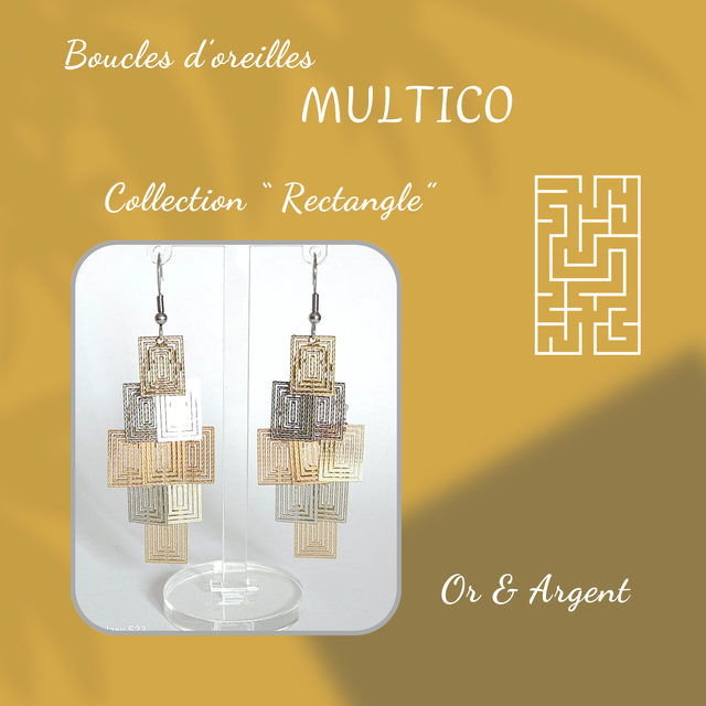 Boucles d&#039;oreilles MULTICO - Collection Rectangle - Or et Argent