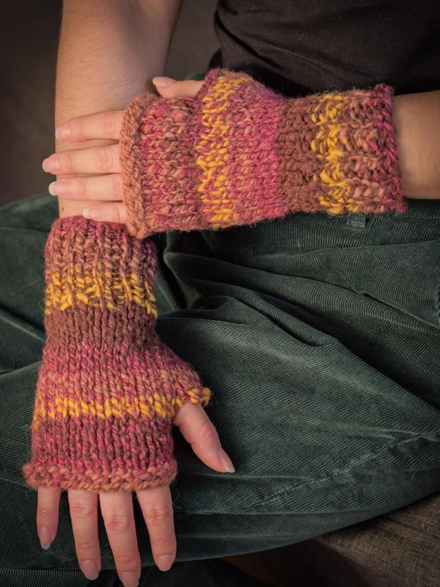 Mitaine filée à la main en laine française tons automnes, rouge marron jaune