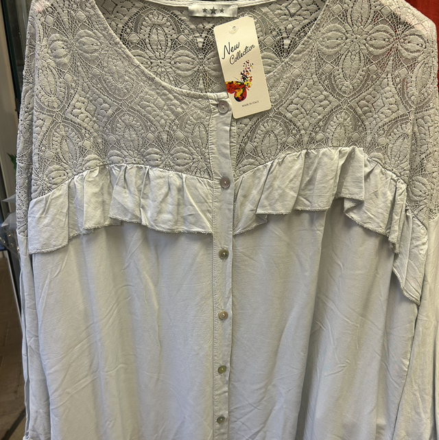 New Collection - Grey Shirt with 3/4 Elasticated Sleeves and Lace Neckline - Free Size - 1928