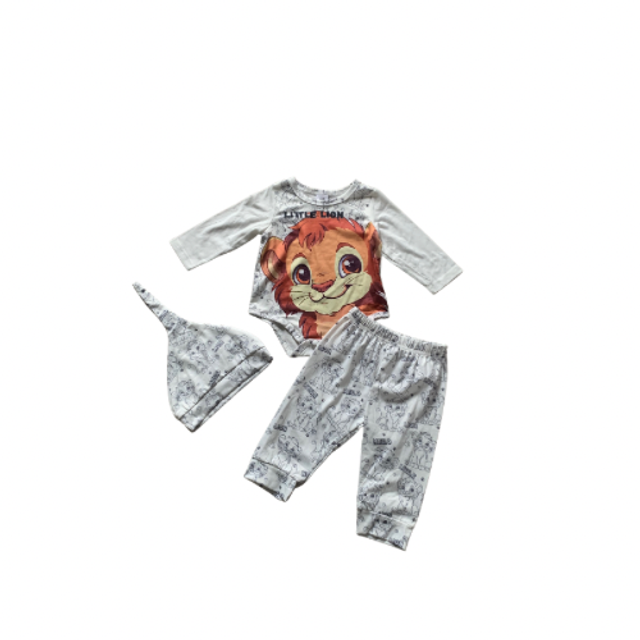 3-delige set broek romper met muts leeuw wit 
