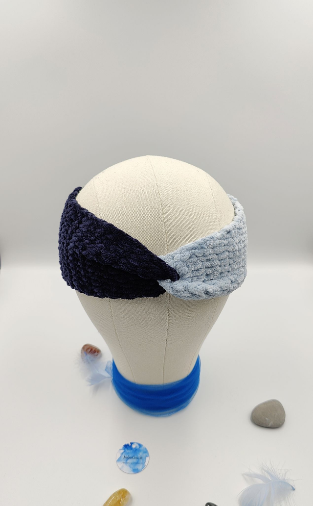 Bandeau de tête bicolore bleu clair et bleu foncé aspect velours fait au crochet, Bandeau hivers crocheté