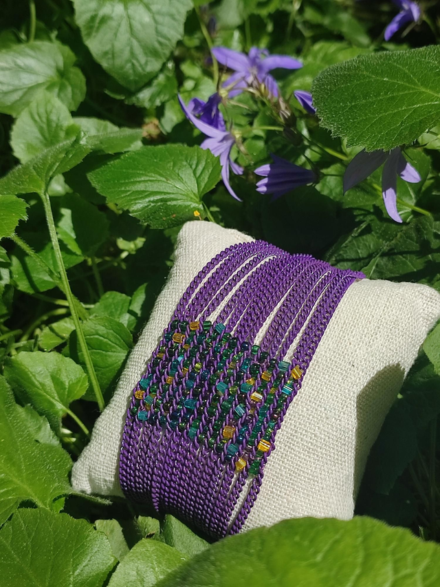 Bracelet tissé en perles de verre miyuki sur chaines violette réglable par chaîne d'extension, pièce unique 