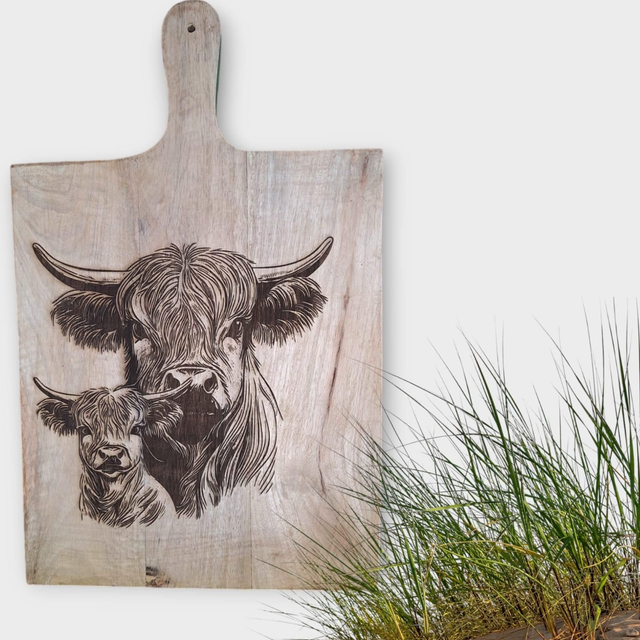 Mangohouten XL Borrelplank met Hooglander moeder/kind kop