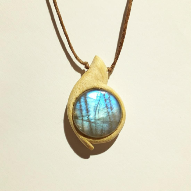 Labradorite Necklace with Hand Carved Palo Santo Wood 