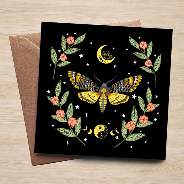 Colourful Moth Greeting Card | ME006 | Flowers Moon &amp; Stars Celestial Design