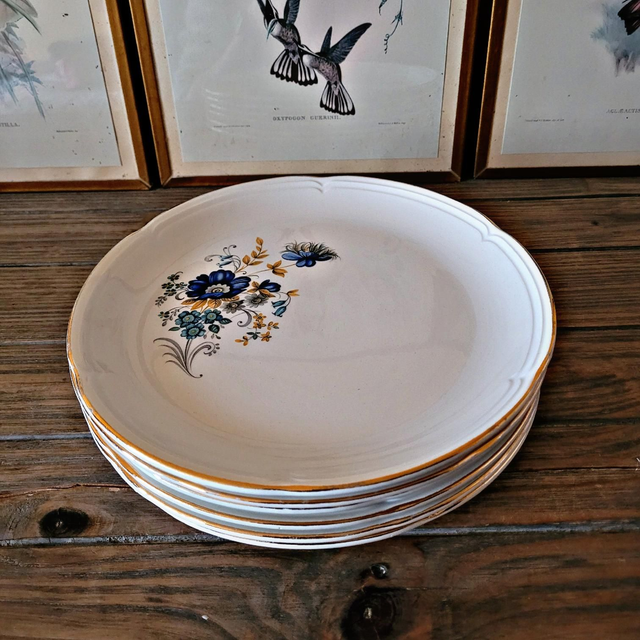Assiettes plates vintage Moulin des Loups modèle Volubilis (lot de 6, 12 dispos)
