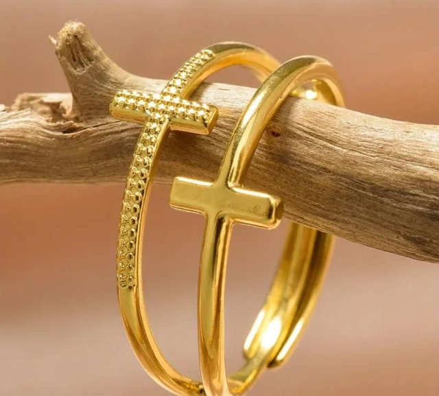 Bague double croix - ajustable - couleur or - en acier inoxydable 