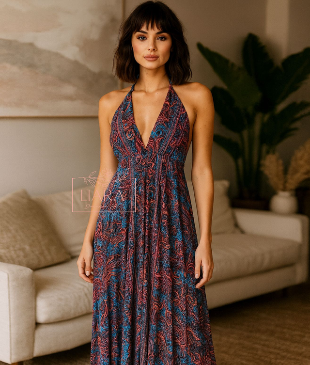 Luftig leichtes Maxi Sommer Kleid in rot und blau Töne onesize