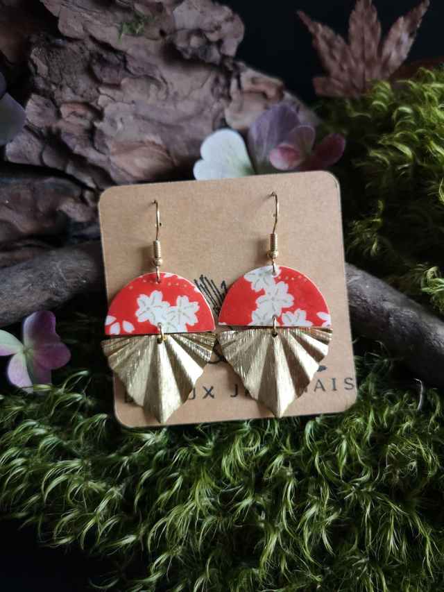 Boucles d'oreilles - crochets - papier washi - Sakura - fleurs - éventail - laiton - La&amp;Titia 