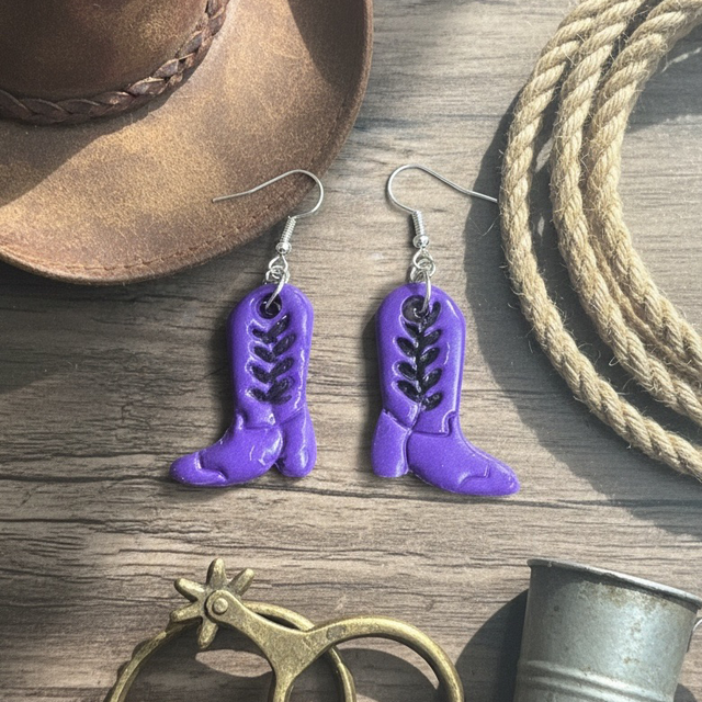 Purple and Black Medium Polymer Clay Cowboy Boot Earrings
