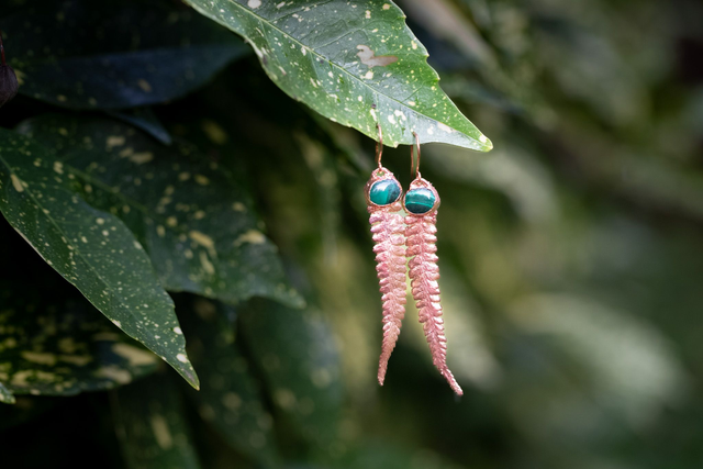 Boucles d'oreille Fougère et malachite