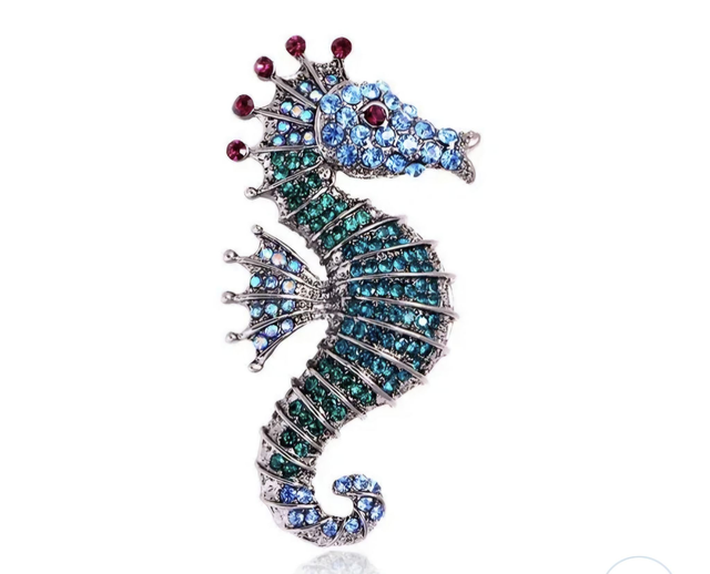 Brosche "Seepferdchen" Blau, Strass