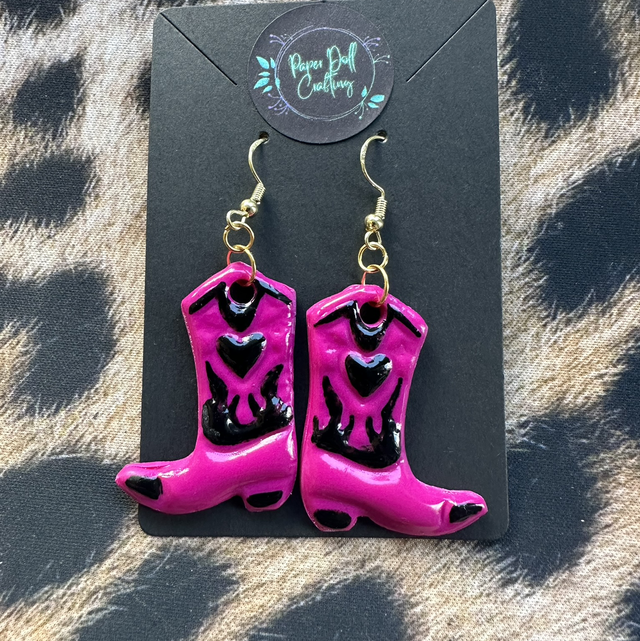 Magenta and Black Polymer Clay Cowboy Boot Earrings