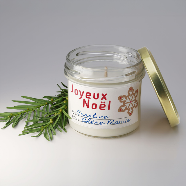 Bougie artisanale parfumée en cire de soja avec étiquette personnalisée - Cadeau pour Noël, Nouvel An, Fêtes de fin d'année, 100g (CJN14) 