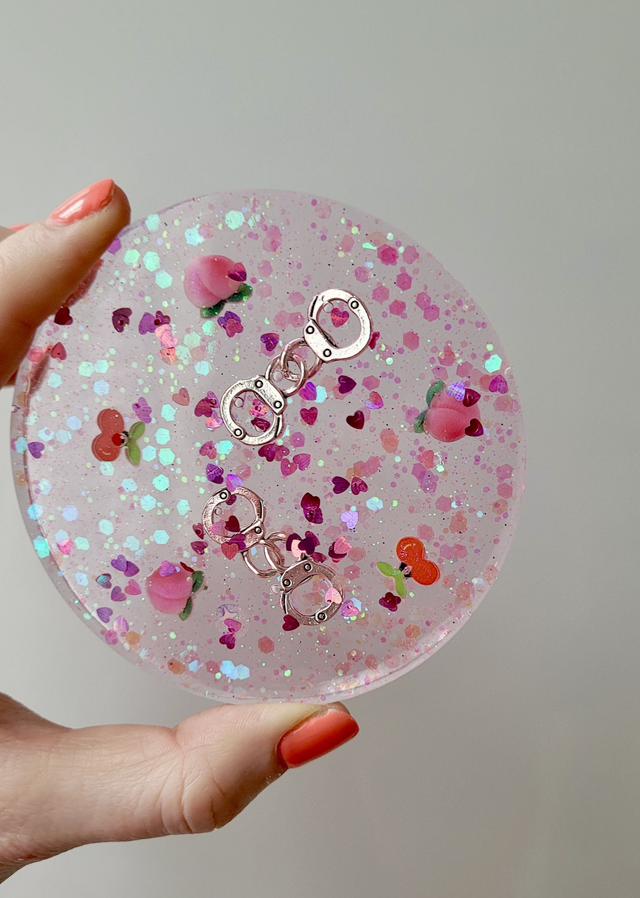 Coaster -Pink Glitter - Peaches, Cherries &amp; Handcuffs