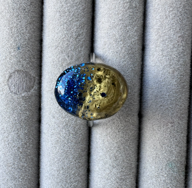 Blue and gold embellished silver ring