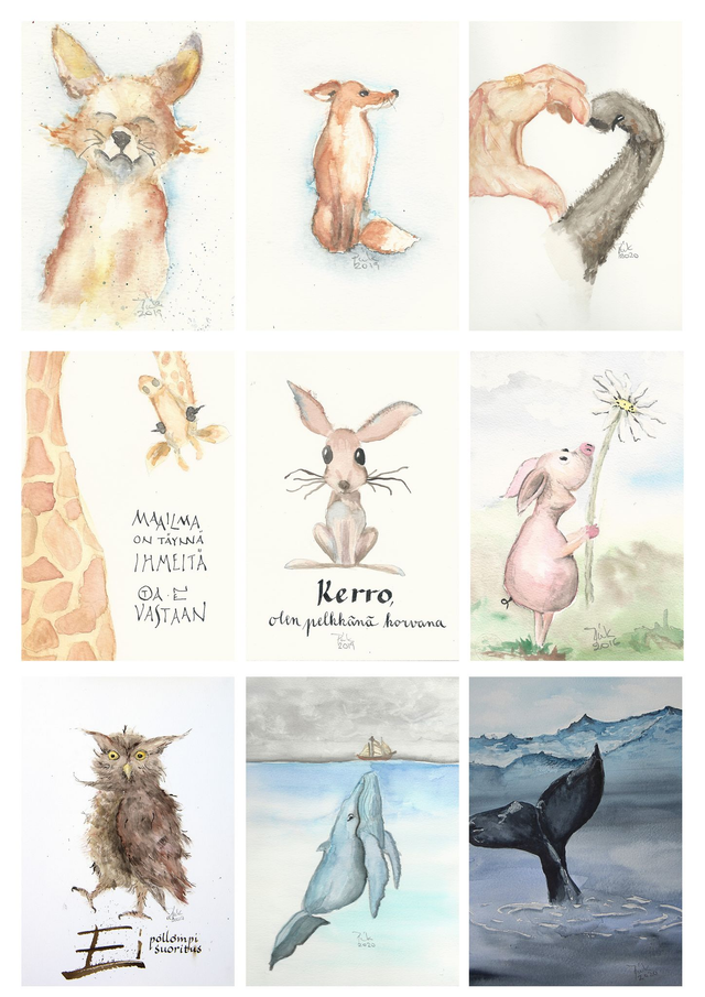 Joulukorttisetti höpsähtäneitä eläimiä