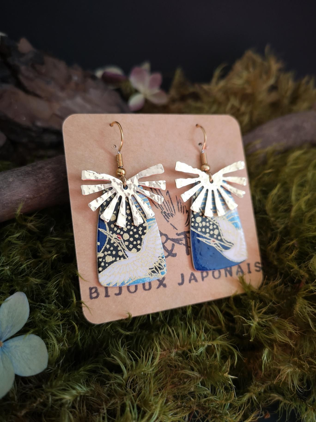 Boucles d'oreilles - crochets - papier washi - grues - soleil - laiton - La&Titia