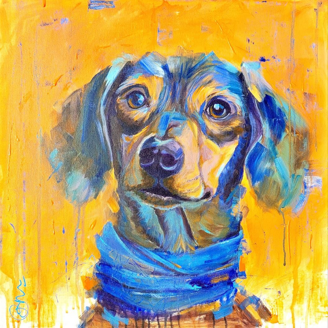 Dash - Dashund ' Original 50 x 50 cm framed in wooden black frame 