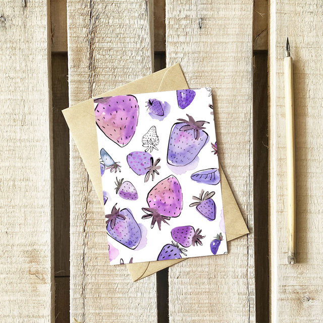 Carte Motif Fraises mauves | Enveloppe kraft | A6