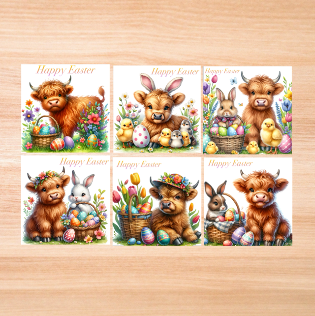 Highland Cow Easter Cards Pack Of 6 - 5x5