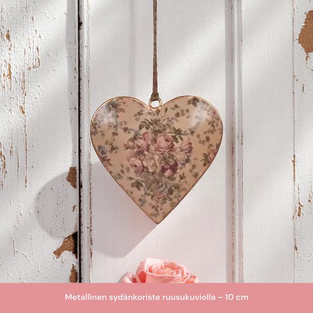 Metallinen sydänkoriste ruusukuviolla – 10 cm Isabelle Rose