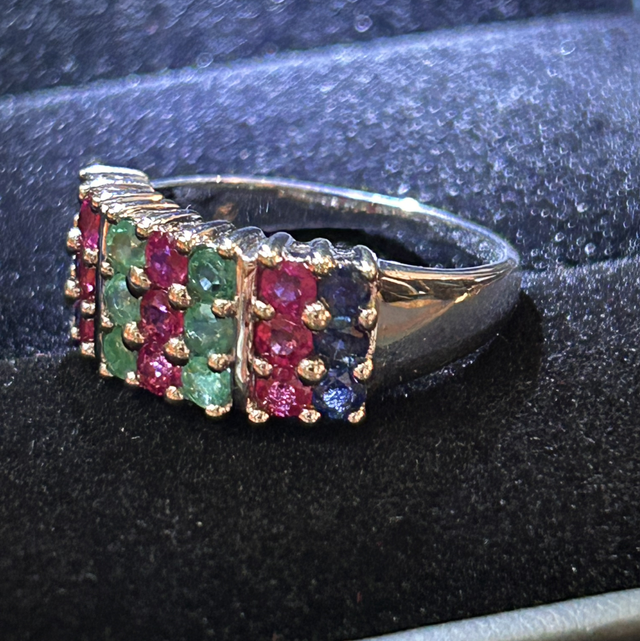 9ct white gold Ruby, Emerald, Sapphire ring