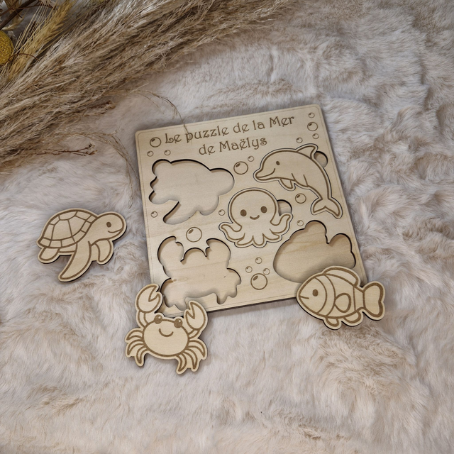 Puzzle bois personnalisé Animaux de la mer pour enfant bébé, jeu éducatif et d'éveil - Idée cadeau garçon et fille