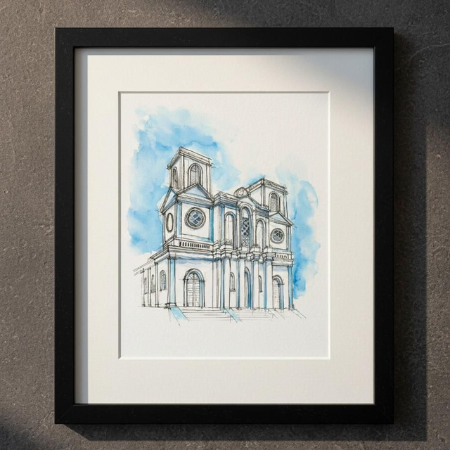 Encre et aquarelle - Église Notre-Dame de l&#039;Assomption - Sainte Marie - Martinique 