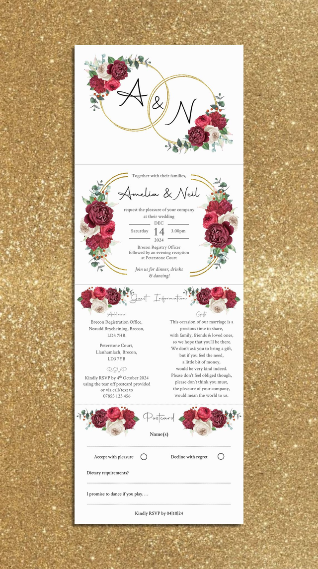 Burgundy, red &amp; white roses - concertina Wedding invitations - including guest information &amp; RSVP