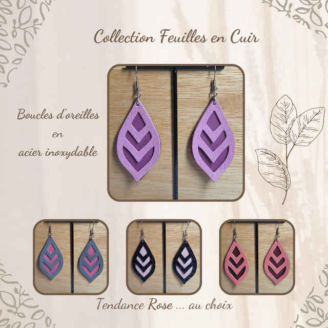 Boucles d&#039;oreilles en cuir  - Feuilles, tendance Rose ... 