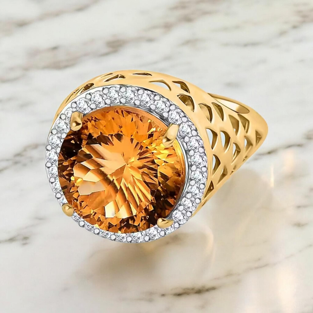 Natural Gaucha Citrine &amp; White Cambodian Zircons 18K Gold Vermeil Statement Ring.