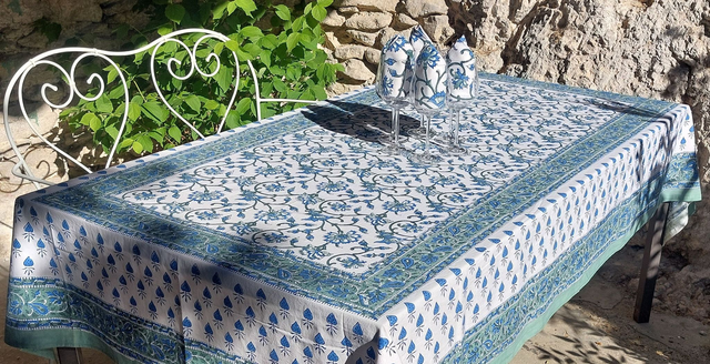 Grande nappe rectangulaire et 6 serviettes imprimées à la main, coton de grande qualité, motif floral vert et bleu