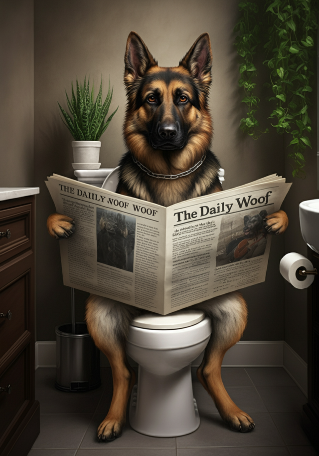 Alsation on the Toilet Framed Canvas