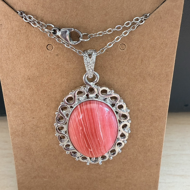 20” Stainless Steel chain Pink Agate necklace 