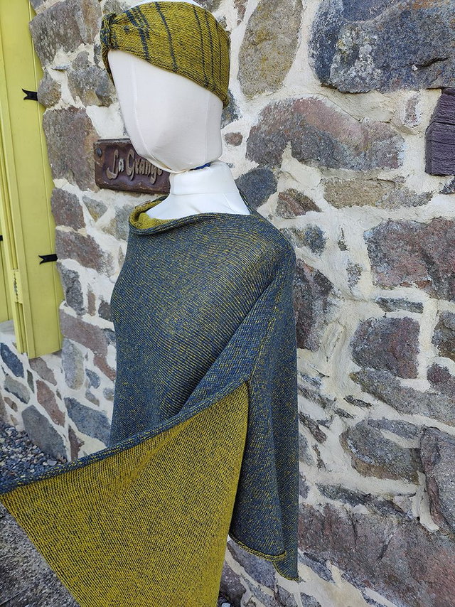 Couleurs lambswool two tone women's poncho. Women's poncho. Knitted cape Mustard and Navy poncho.