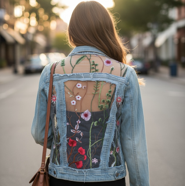 Veste en jean customisée dentelle 38/40