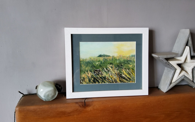 Dew on grass. A framed original textured oil painting