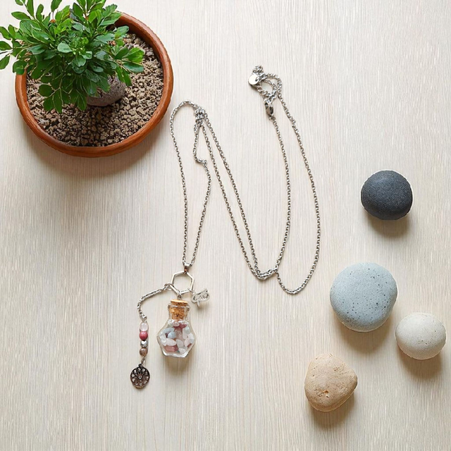 Sautoir Argenté Talisman Mystique "SERENITE" - Rhodonite, Tourmaline Multicolore &amp; Pierre de Lune