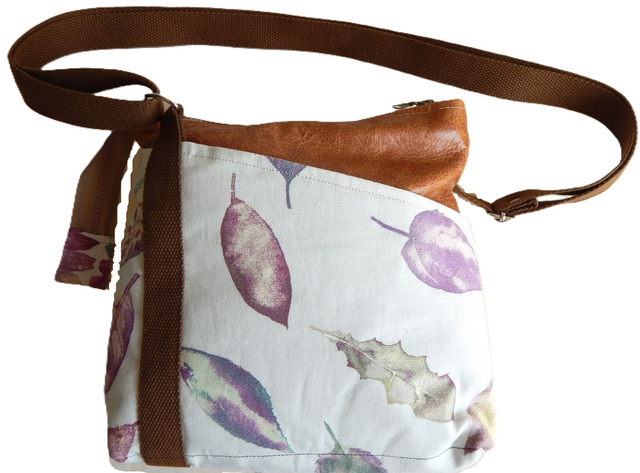 Brown Leather and Leaf Printed Fabric Zipped Shoulder Bag