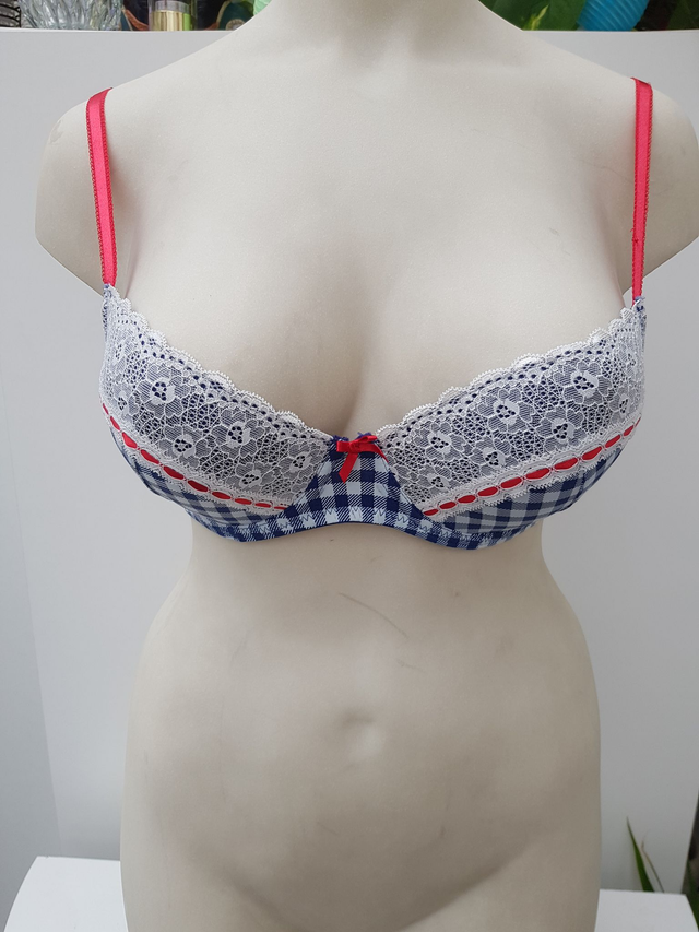 Soutien Gorge Pin Up Dentelles Blanc Vichy Bleu Ruban Rouge
