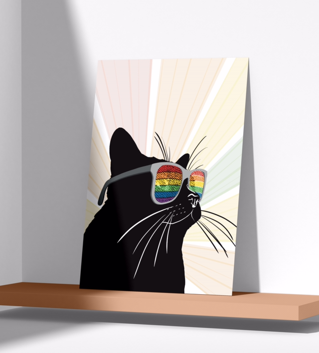 Rainbow Glasses Black Cat A3 Print