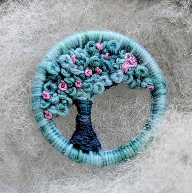Dorset Button Brooch - Cyan with pink.