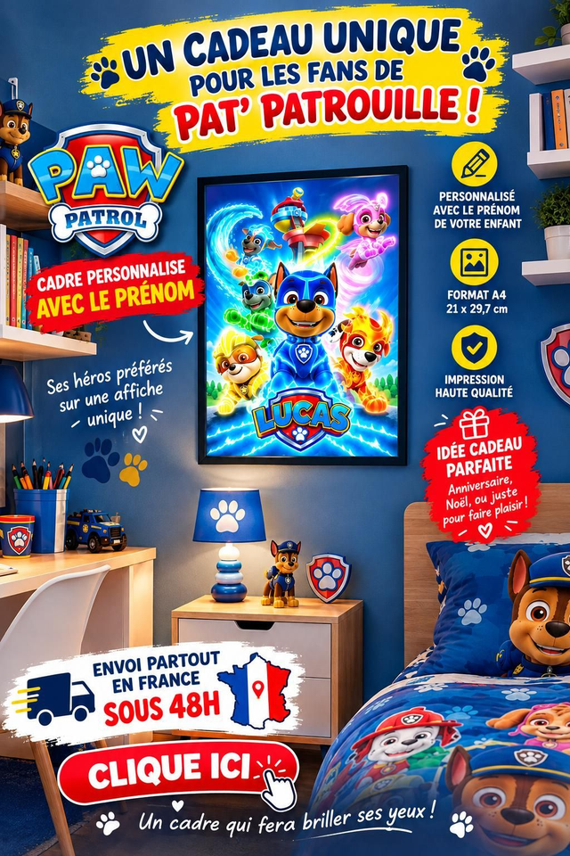 Affiche Poster Pat Patrouille Chase Ryder personnalisé avec Prénom - Cadeau unique pour fan de Paw Patrol format A4 21X29,7cm