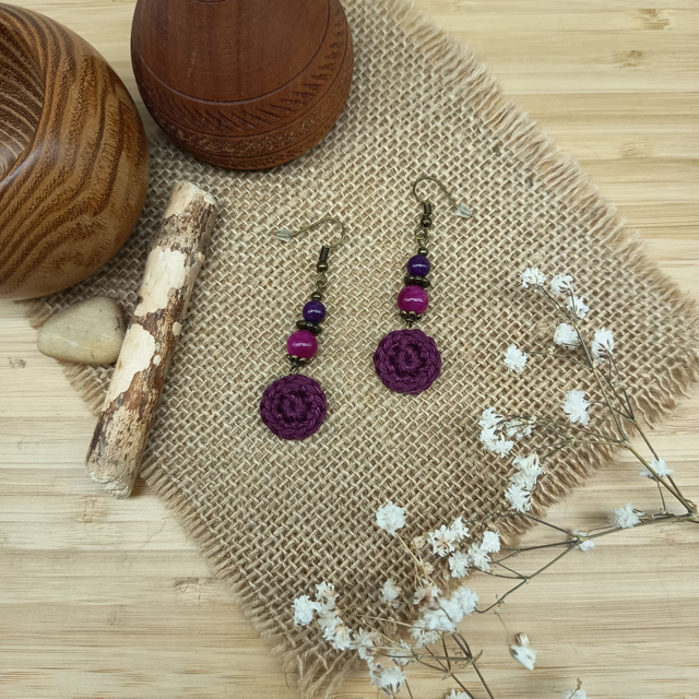 Parure aubergine et bronze - Boucles d'oreille aubergine pendantes