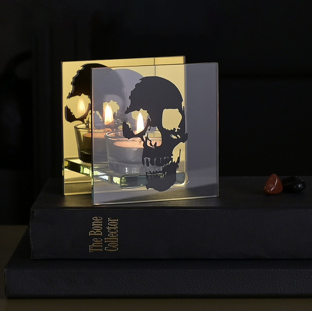 The Seasonal Gift Co Gold and Black Mirror Skull Tealight Holder