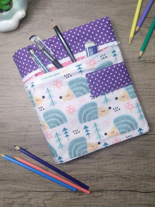 Hedgehog fabric sketchbook cover with pencil case 