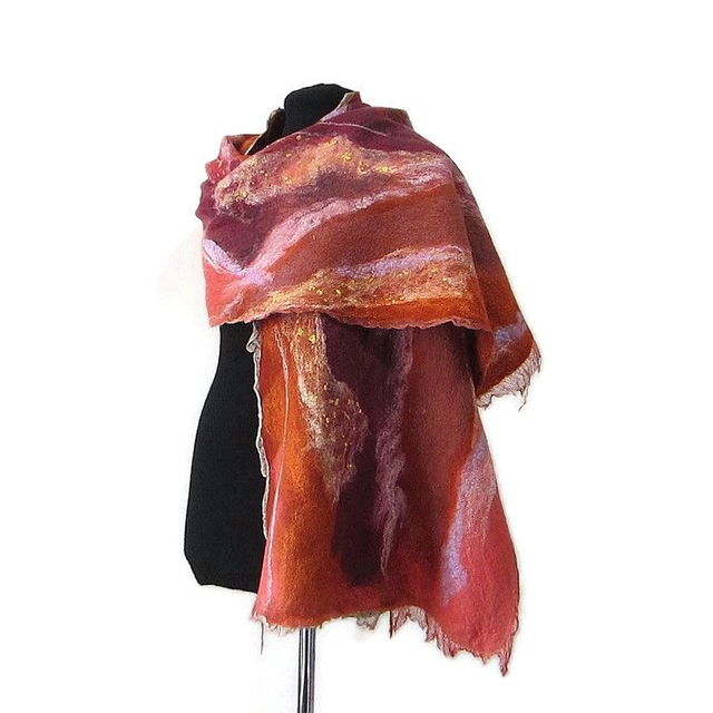 Stola lana merino seta feltro Sciarpa d&#039;arte calda arancione lungo infeltrimento fatto a mano Regalo